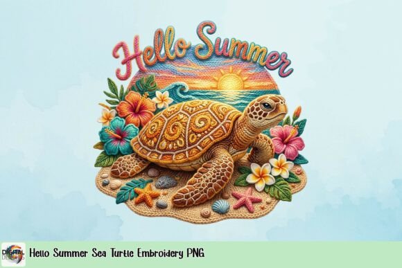 Hello Summer Sea Turtle Embroidery PNG